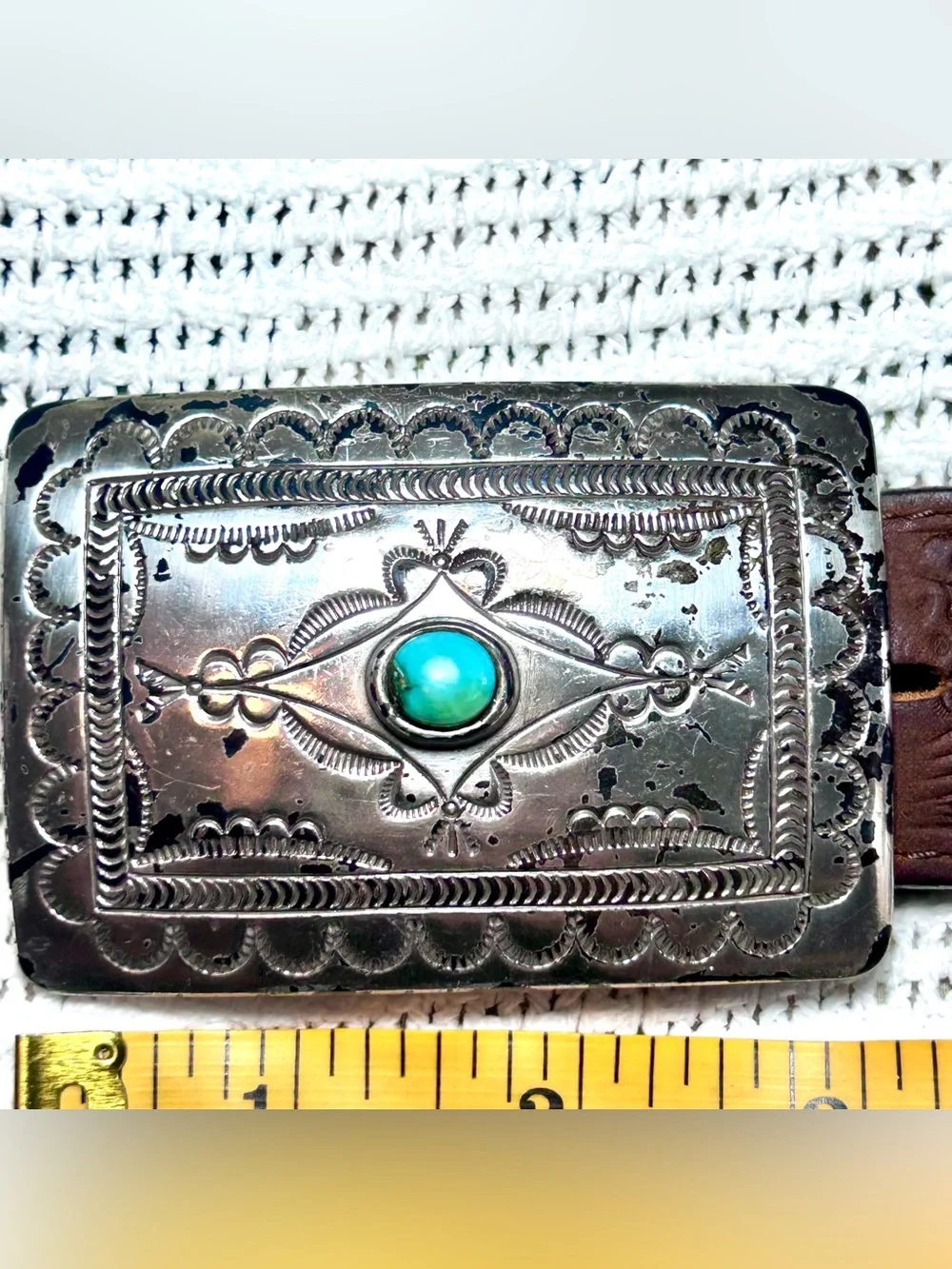 Tony Lama Navajo Spirit Belt Women’s 30 Brown Leather Silver Buckle Turquoise